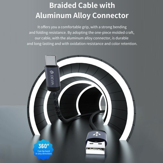 USB / USB-C Cable Gracious, 2.1A, 2m, Black, Devia