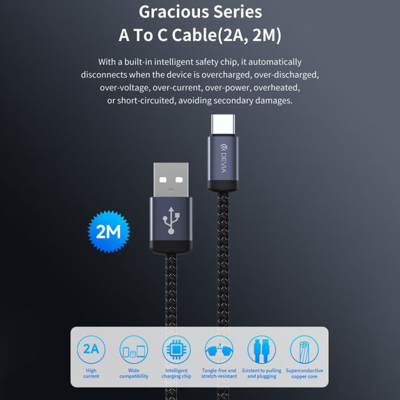 USB / USB-C Cable Gracious, 2.1A, 2m, Black, Devia