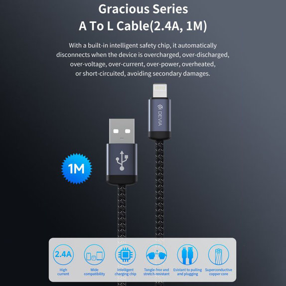 Lightning / USB Cable Gracious, 2.4A, 1m, Black, Devia