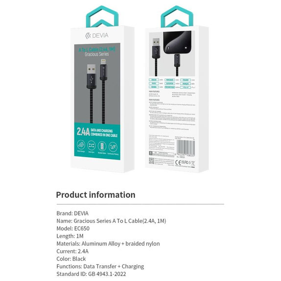 Lightning / USB Cable Gracious, 2.4A, 1m, Black, Devia