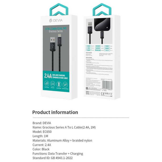 Lightning / USB Cable Gracious, 2.4A, 1m, Black, Devia