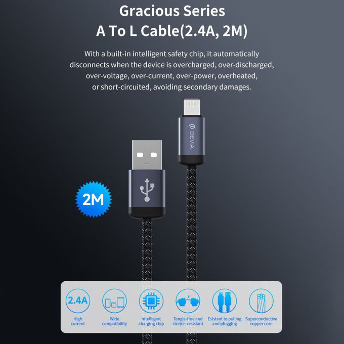 Lightning / USB Cable Gracious, 2.4A, 2m, Black, Devia