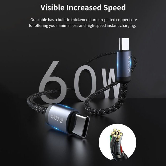 USB-C / USB-C Cable Gracious, PD 60W, 2m, Black, Devia