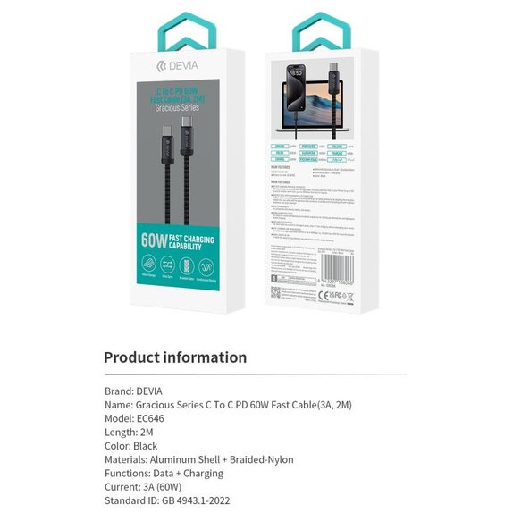 USB-C / USB-C Cable Gracious, PD 60W, 2m, Black, Devia