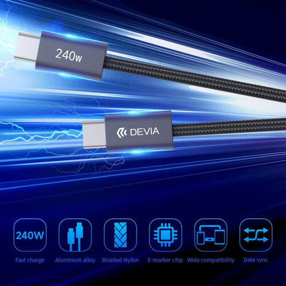 USB-C / USB-C Cable Extreme Speed, PD 240W, 2m, Black, Devia