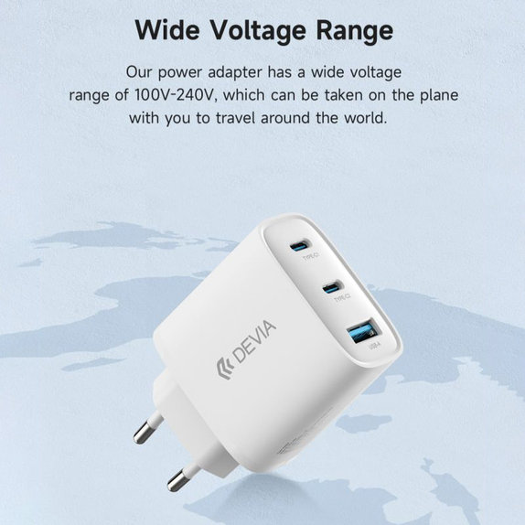 Charging Adapter Extreme Speed, 2x USB-C + USB-A, PD 65W, White, Devia