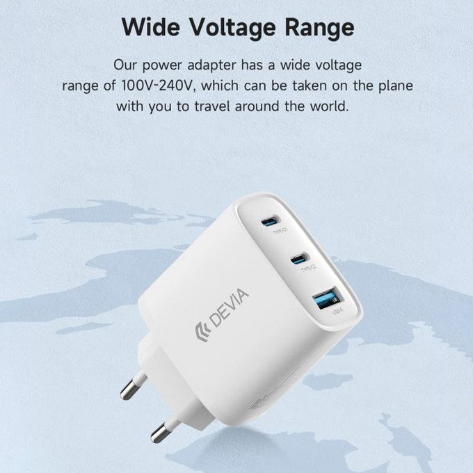 Charging Adapter Extreme Speed, 2x USB-C + USB-A, PD 65W, White, Devia