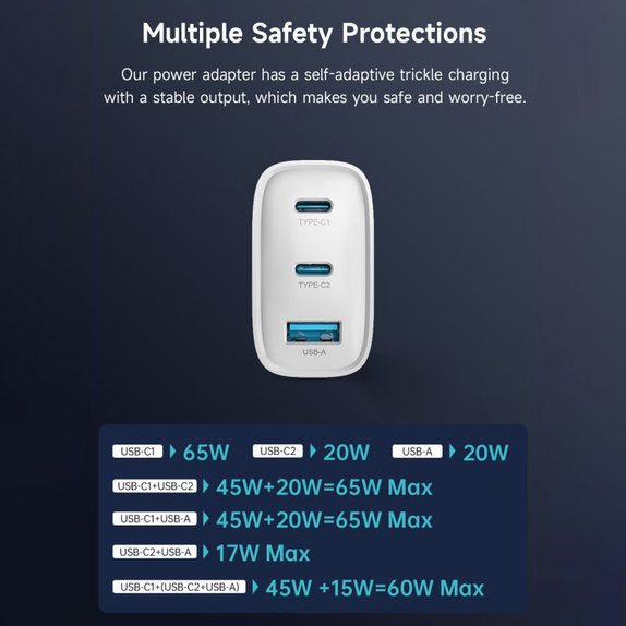 Charging Adapter Extreme Speed, 2x USB-C + USB-A, PD 65W, White, Devia