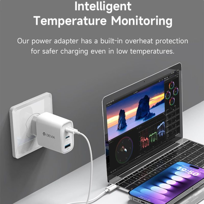 Charging Adapter Extreme Speed, 2x USB-C + USB-A, PD 65W, White, Devia