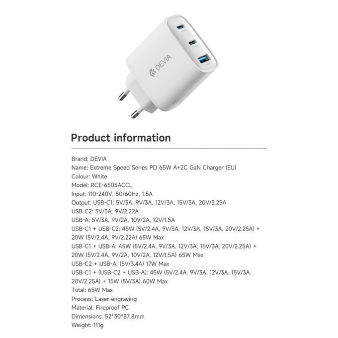 Charging Adapter Extreme Speed, 2x USB-C + USB-A, PD 65W, White, Devia