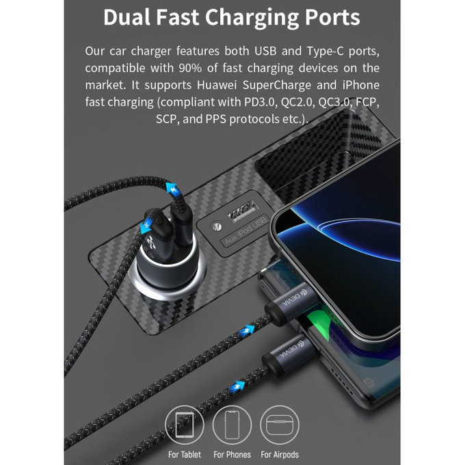 Car Charger Extreme Speed USB-C + USB-A, PD 30W, QC 3.0 18W, Grey, Devia