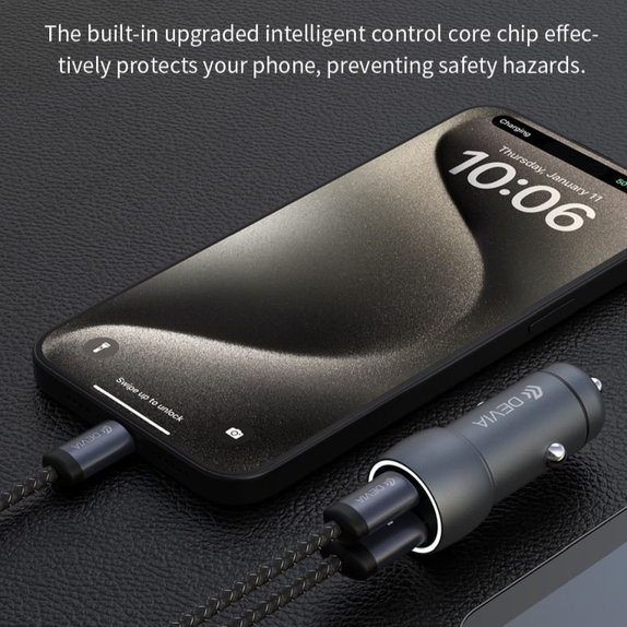 Car Charger Extreme Speed USB-C + USB-A, PD 30W, QC 3.0 18W, Grey, Devia