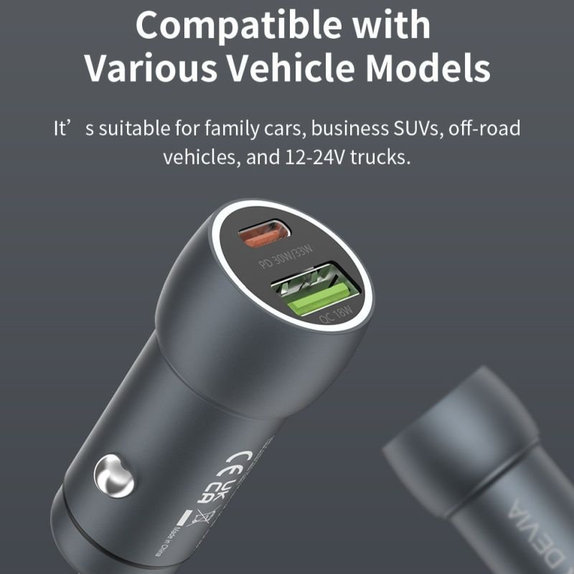 Car Charger Extreme Speed USB-C + USB-A, PD 30W, QC 3.0 18W, Grey, Devia