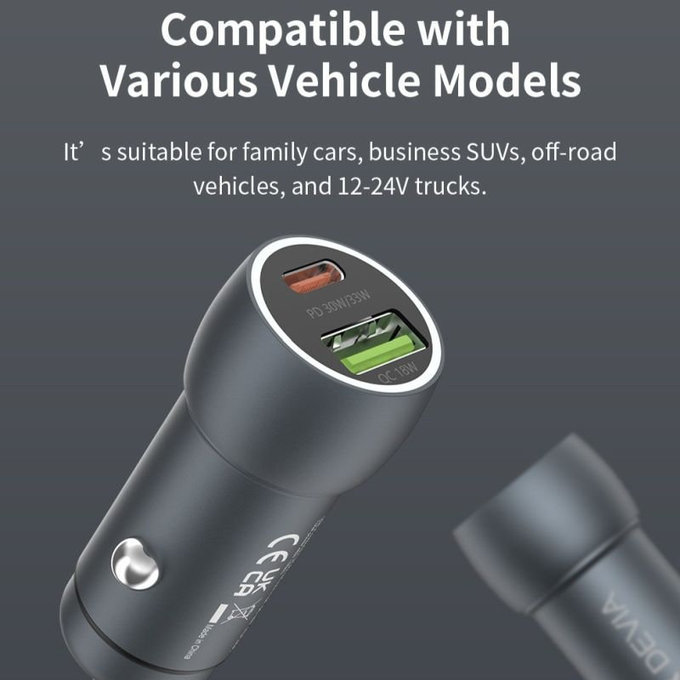 Car Charger Extreme Speed USB-C + USB-A, PD 30W, QC 3.0 18W, Grey, Devia