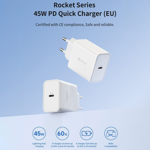 Charging Adapter Rocket USB-C, PD 45W, White, Devia