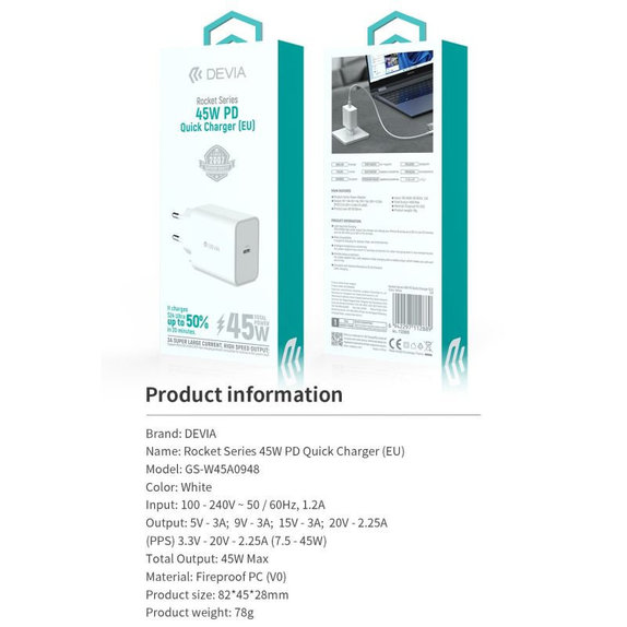 Charging Adapter Rocket USB-C, PD 45W, White, Devia