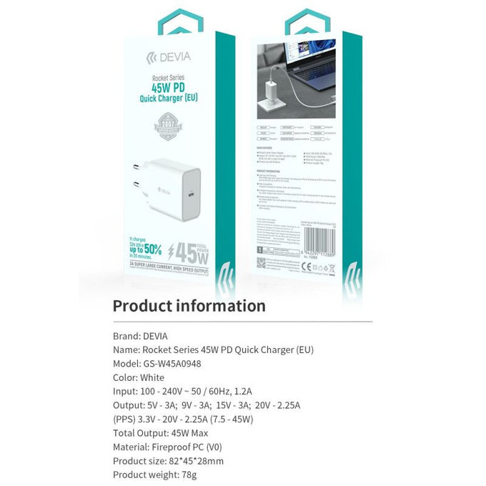 Charging Adapter Rocket USB-C, PD 45W, White, Devia