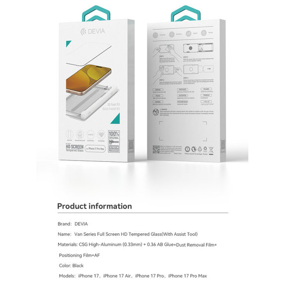 FullCover Tempered Glass with Applicator for iPhone 17, Devia
