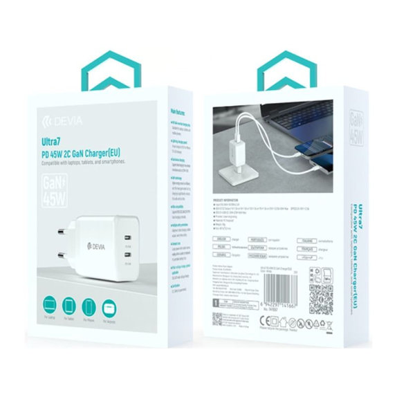 Charging Adapter Ultra7, 2x USB-C, PD 45W, White, Devia