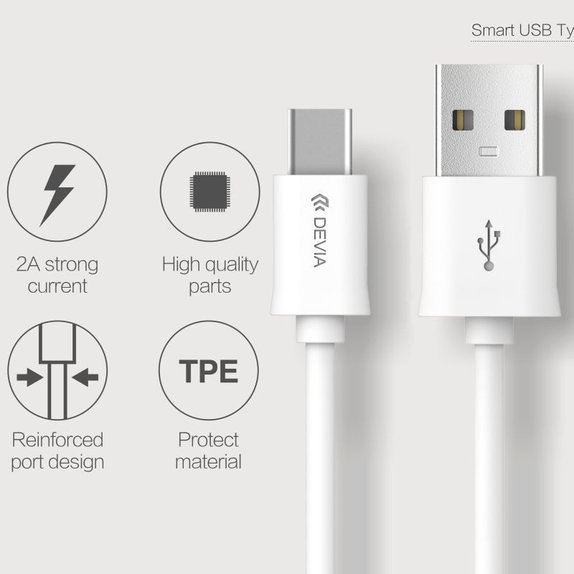 USB / USB-C Cable Smart, 2.1A, 1m, White, Devia