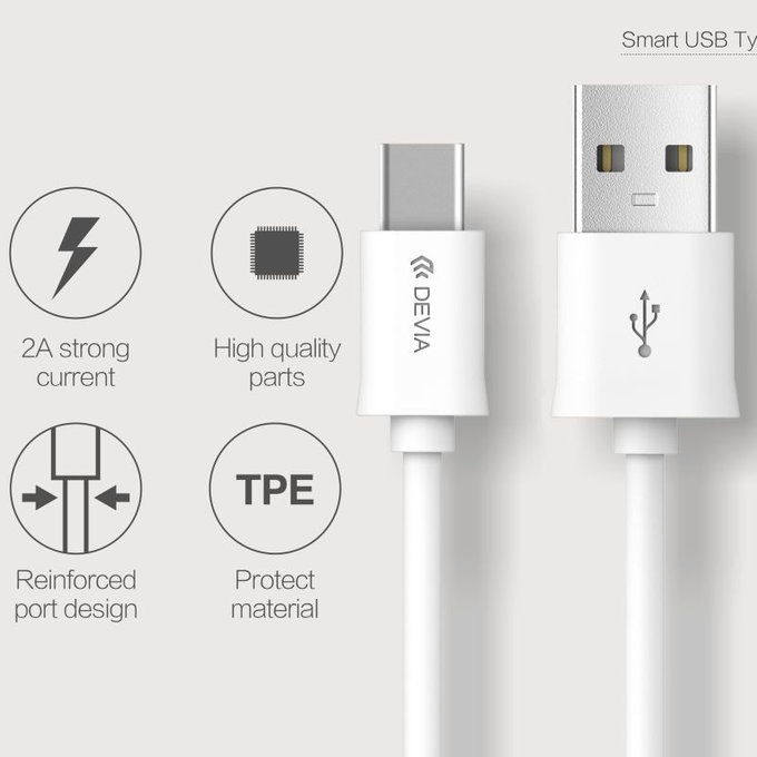 USB / USB-C Cable Smart, 2.1A, 1m, White, Devia