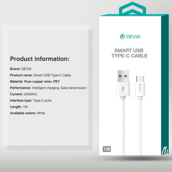 USB / USB-C Cable Smart, 2.1A, 1m, White, Devia