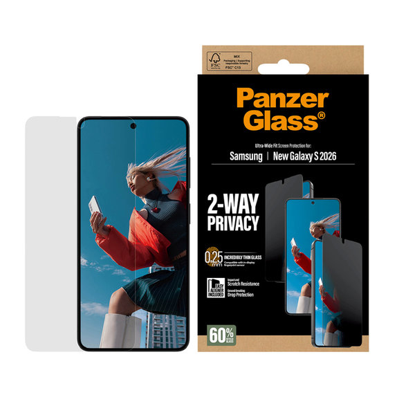 PanzerGlass - UWF 2-Way Privacy Tempered Glass with Applicator for Samsung Galaxy S26, clear