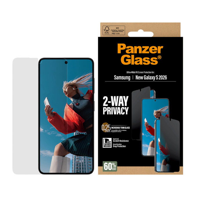 PanzerGlass - UWF 2-Way Privacy Tempered Glass with Applicator for Samsung Galaxy S26, clear