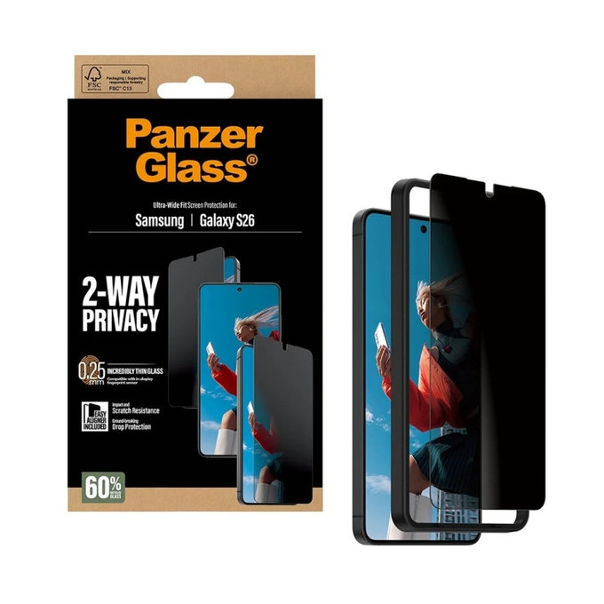 PanzerGlass - UWF 2-Way Privacy Tempered Glass with Applicator for Samsung Galaxy S26, clear