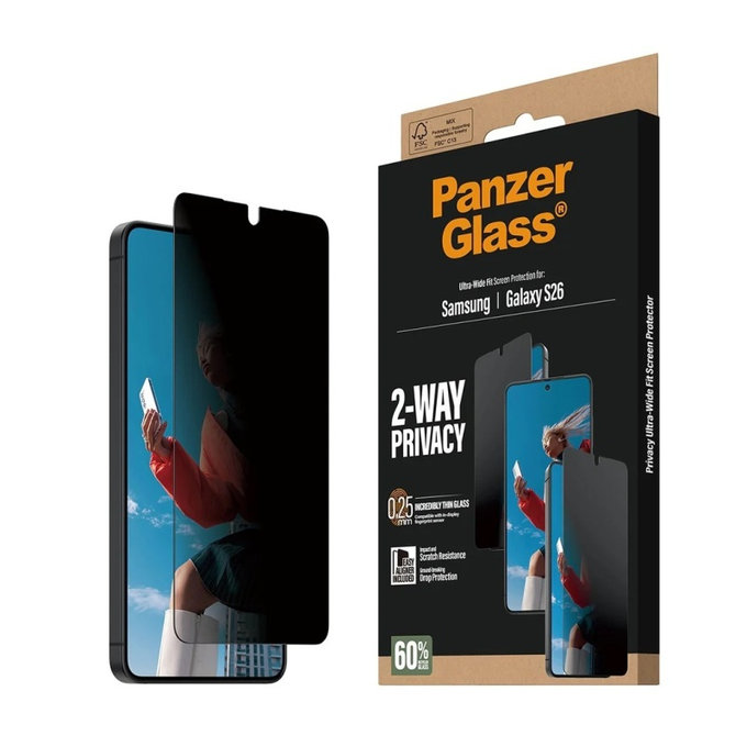 PanzerGlass - UWF 2-Way Privacy Tempered Glass with Applicator for Samsung Galaxy S26, clear