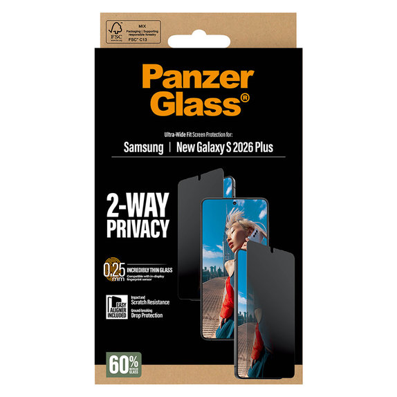Tempered Glass UWF 2-Way Privacy with Applicator for Samsung Galaxy S26+, Clear, PanzerGlass