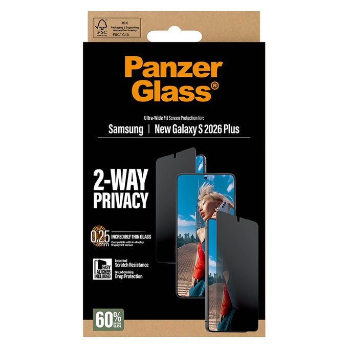 Tempered Glass UWF 2-Way Privacy with Applicator for Samsung Galaxy S26+, Clear, PanzerGlass