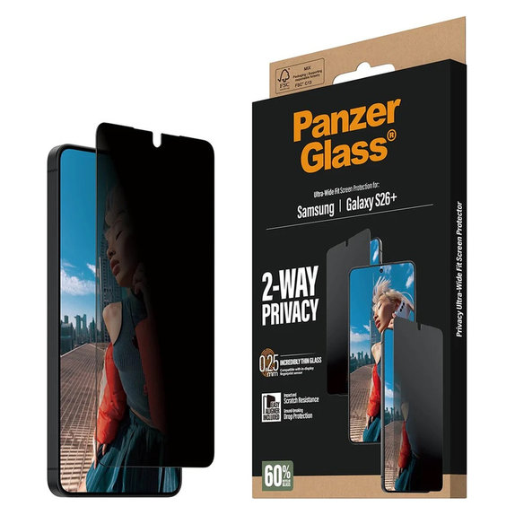 Tempered Glass UWF 2-Way Privacy with Applicator for Samsung Galaxy S26+, Clear, PanzerGlass