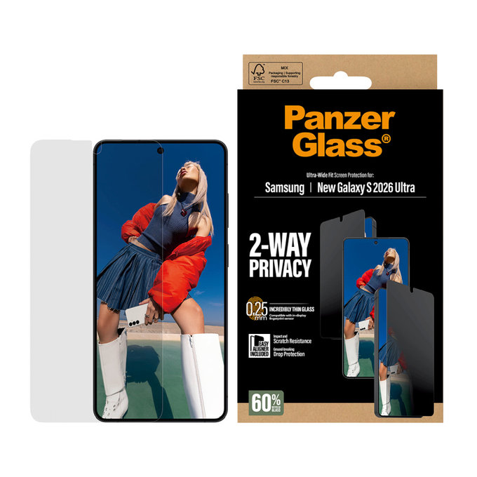 PanzerGlass - UWF 2-Way Privacy Tempered Glass with Applicator for Samsung Galaxy S26 Ultra, clear