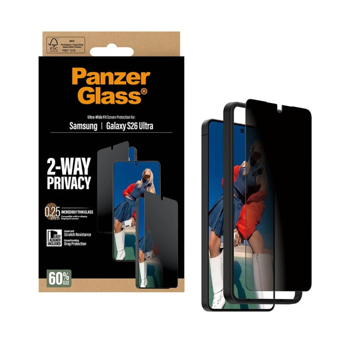 PanzerGlass - UWF 2-Way Privacy Tempered Glass with Applicator for Samsung Galaxy S26 Ultra, clear
