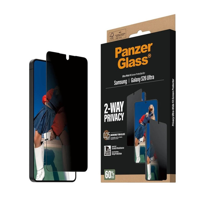 PanzerGlass - UWF 2-Way Privacy Tempered Glass with Applicator for Samsung Galaxy S26 Ultra, clear