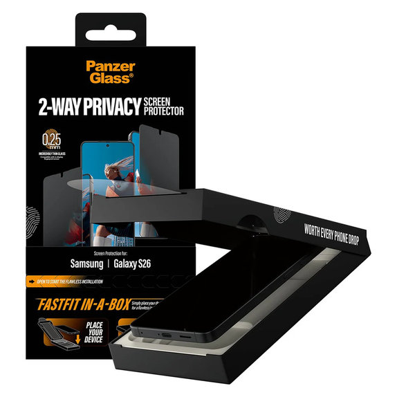 Tempered Glass UWF 2-Way Privacy with FASTFIT In-A-Box for Samsung Galaxy S26, Clear, PanzerGlass