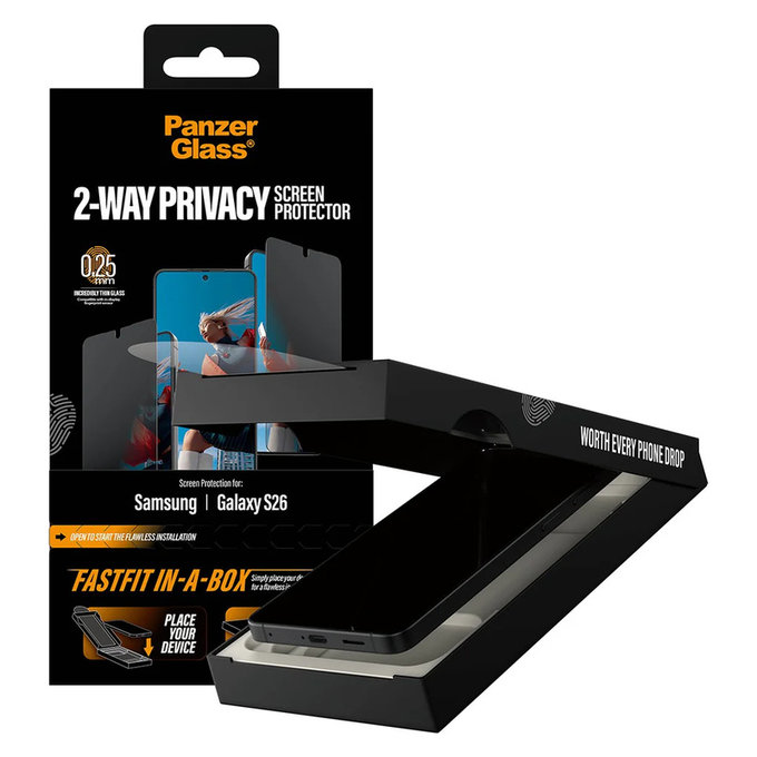 Tempered Glass UWF 2-Way Privacy with FASTFIT In-A-Box for Samsung Galaxy S26, Clear, PanzerGlass
