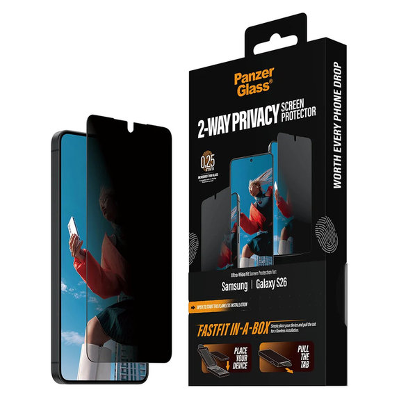 Tempered Glass UWF 2-Way Privacy with FASTFIT In-A-Box for Samsung Galaxy S26, Clear, PanzerGlass