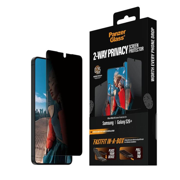 PanzerGlass - UWF 2-Way Privacy Tempered Glass with FASTFIT In-A-Box for Samsung Galaxy S26+, clear