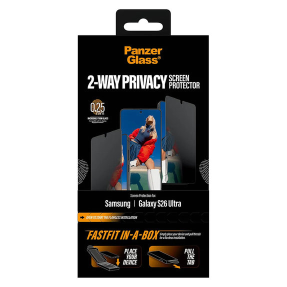 Tempered Glass UWF 2-Way Privacy with FASTFIT In-A-Box for Samsung Galaxy S26 Ultra, Clear, PanzerGlass