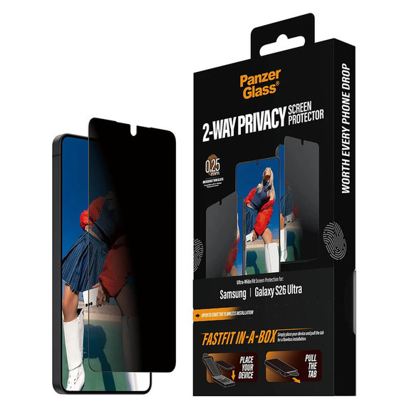 Tempered Glass UWF 2-Way Privacy with FASTFIT In-A-Box for Samsung Galaxy S26 Ultra, Clear, PanzerGlass