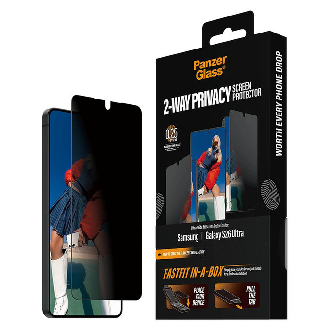 Tempered Glass UWF 2-Way Privacy with FASTFIT In-A-Box for Samsung Galaxy S26 Ultra, Clear, PanzerGlass