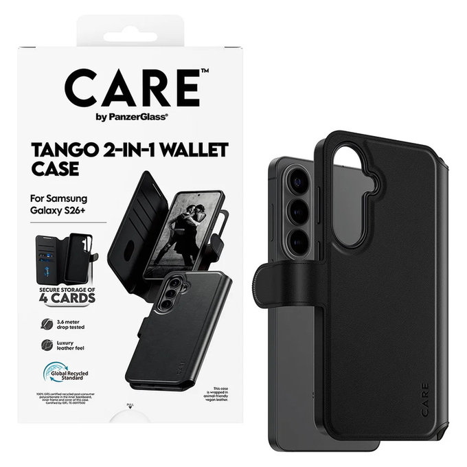Case Tango Wallet Two-In-One with QI for Samsung Galaxy S26+, Black, PanzerGlass