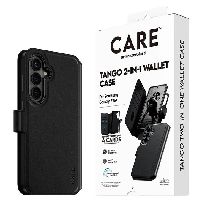 Case Tango Wallet Two-In-One with QI for Samsung Galaxy S26+, Black, PanzerGlass