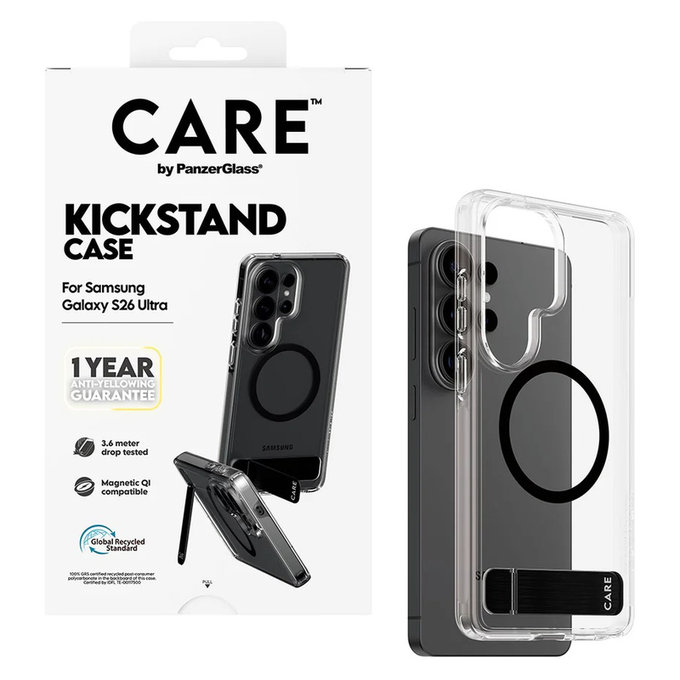 Case Kickstand with Black QI for Samsung Galaxy S26 Ultra, Transparent, PanzerGlass