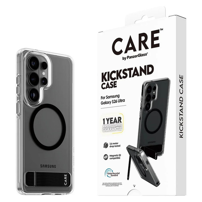 Case Kickstand with Black QI for Samsung Galaxy S26 Ultra, Transparent, PanzerGlass