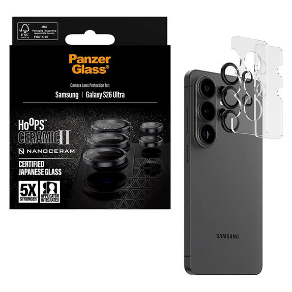 Hoops Ceramic II Camera Lens Protector for Samsung S26 Ultra, Black, PanzerGlass