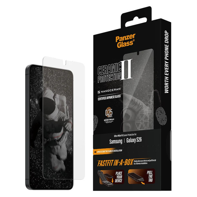 Tempered Glass UWF Ceramic with FASTFIT In-A-Box for Samsung Galaxy S26, Clear, PanzerGlass