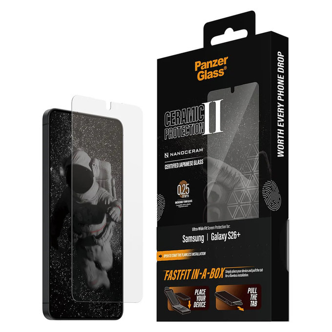 Tempered Glass UWF Ceramic with FASTFIT In-A-Box for Samsung Galaxy S26+, Clear, PanzerGlass